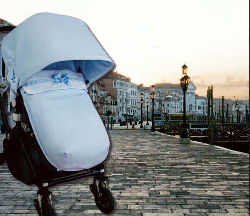 Saco carrito bebé bordado puntilla POEME piqué gris, celeste, rosa, beige