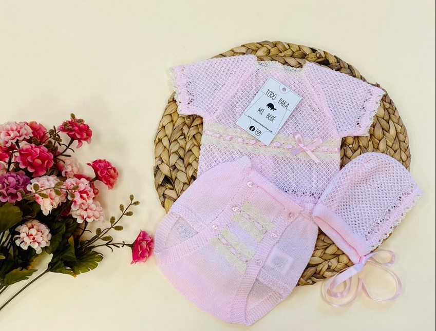 Conjunto de Hilo manga corta rosa crudo