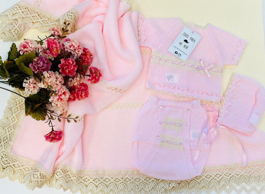 Conjunto de Hilo manga corta rosa crudo