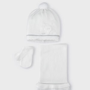 Gorro bufanda y guantes flor Crudo 24-36m