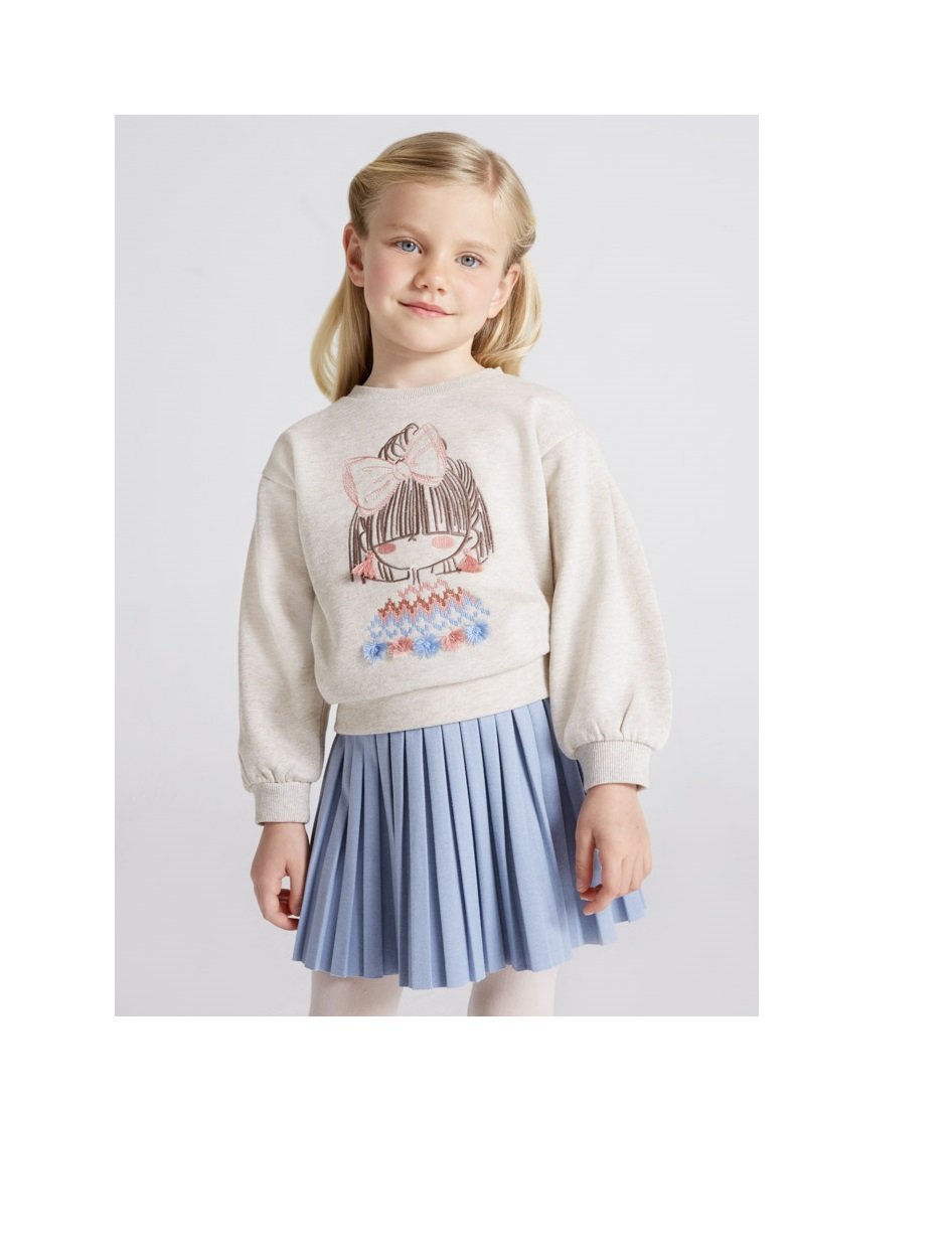 Sudadera de manga larga para niña. Cuello redondo. Dibujo bordado